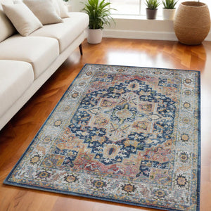 Homeroots 5' X 8' Ivory Blue And Orange Floral Medallion Distressed Non Skid Area Rug  Polypropylene,Polyester 551237