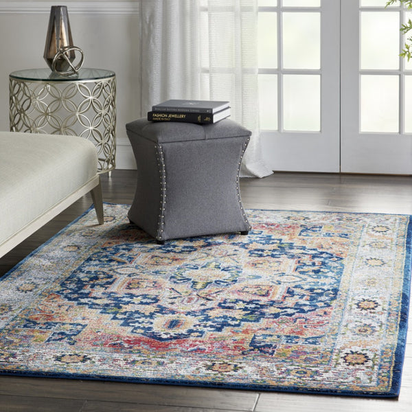 HomeRoots 5' Elegant Floral Medallion Area Rug in Ivory, Blue, and Orange - Distressed Non-Skid Design for Cozy Spaces 5' X 8' 551237
