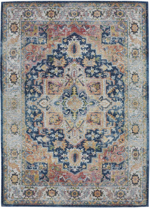 HomeRoots 5' Elegant Floral Medallion Area Rug in Ivory, Blue, and Orange - Distressed Non-Skid Design for Cozy Spaces 5' X 8' 551237