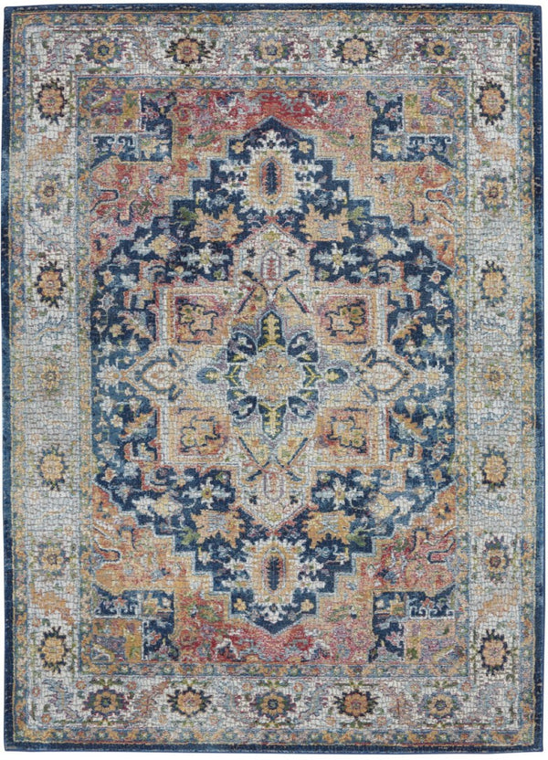 HomeRoots 5' Elegant Floral Medallion Area Rug in Ivory, Blue, and Orange - Distressed Non-Skid Design for Cozy Spaces 5' X 8' 551237