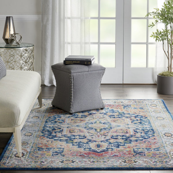 HomeRoots 5' Elegant Floral Medallion Area Rug in Ivory, Blue, and Orange - Distressed Non-Skid Design for Cozy Spaces 5' X 8' 551237