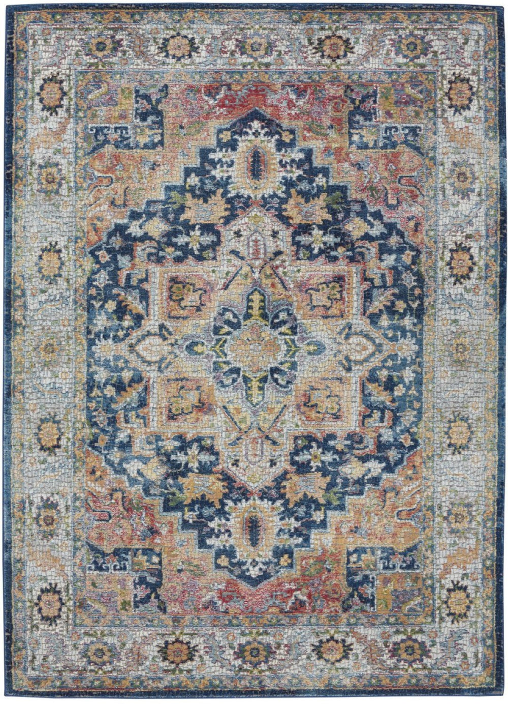 HomeRoots 5' Elegant Floral Medallion Area Rug in Ivory, Blue, and Orange - Distressed Non-Skid Design for Cozy Spaces 5' X 8' 551237