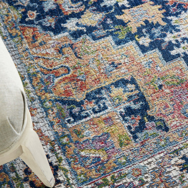 HomeRoots 5' Elegant Floral Medallion Area Rug in Ivory, Blue, and Orange - Distressed Non-Skid Design for Cozy Spaces 5' X 8' 551237