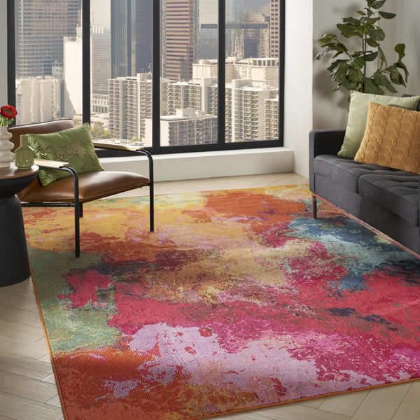 HomeRoots 8' Contemporary Navy Blue Area Rug with Red and Orange Abstract Design for Stylish Living Spaces 551240