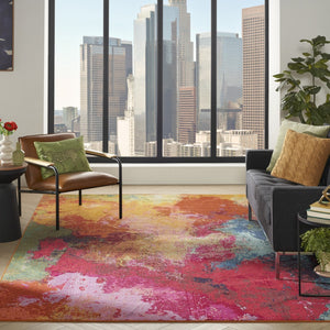 HomeRoots 8' Contemporary Navy Blue Area Rug with Red and Orange Abstract Design for Stylish Living Spaces 551240