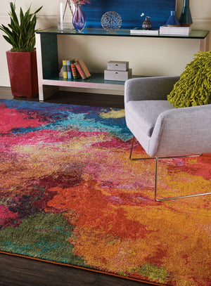 HomeRoots 8' Contemporary Navy Blue Area Rug with Red and Orange Abstract Design for Stylish Living Spaces 551240