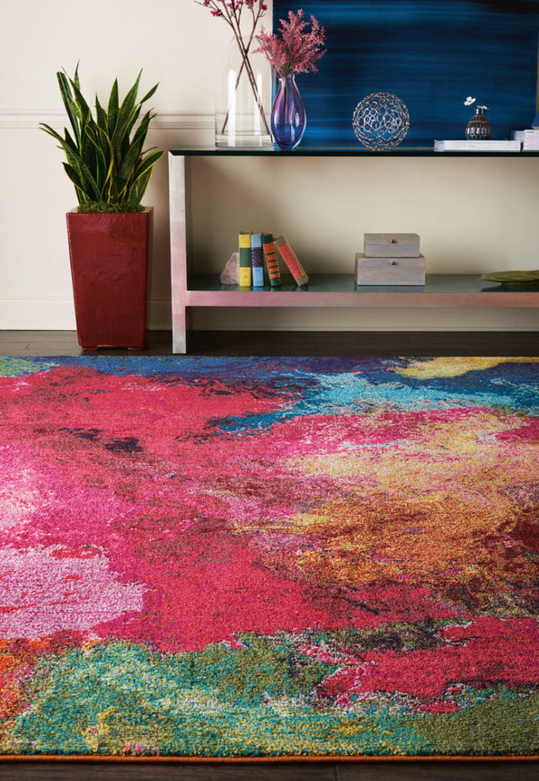HomeRoots 8' Contemporary Navy Blue Area Rug with Red and Orange Abstract Design for Stylish Living Spaces 551240