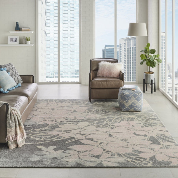 HomeRoots 8' Graceful Gray and Pink Floral Area Rug - Durable, Stain-Resistant, Perfect for High-Traffic Spaces 8' X 10' 551242