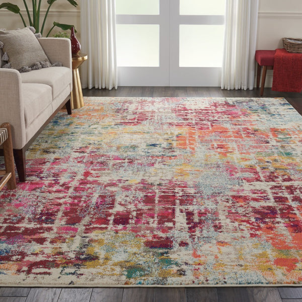HomeRoots 8' X 11' Abstract Distressed Area Rug in Ivory, Pink & Orange - Durable, Non-Skid & Stylish Design! 551243