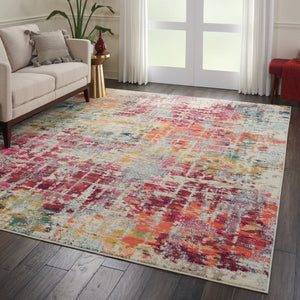 HomeRoots 8' X 11' Abstract Distressed Area Rug in Ivory, Pink & Orange - Durable, Non-Skid & Stylish Design! 551243