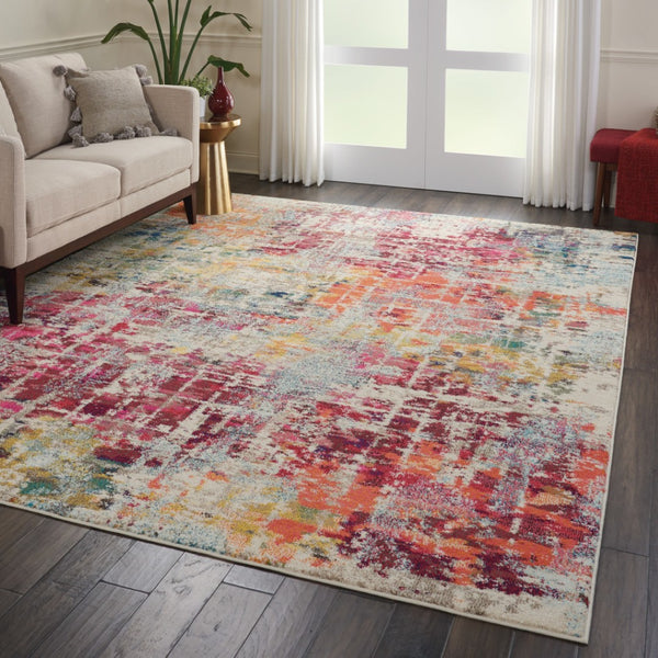 HomeRoots 8' X 11' Abstract Distressed Area Rug in Ivory, Pink & Orange - Durable, Non-Skid & Stylish Design! 551243