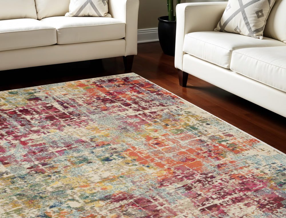 Homeroots 8' X 11' Ivory Pink And Orange Abstract Distressed Non Skid Area Rug  Polypropylene 551243