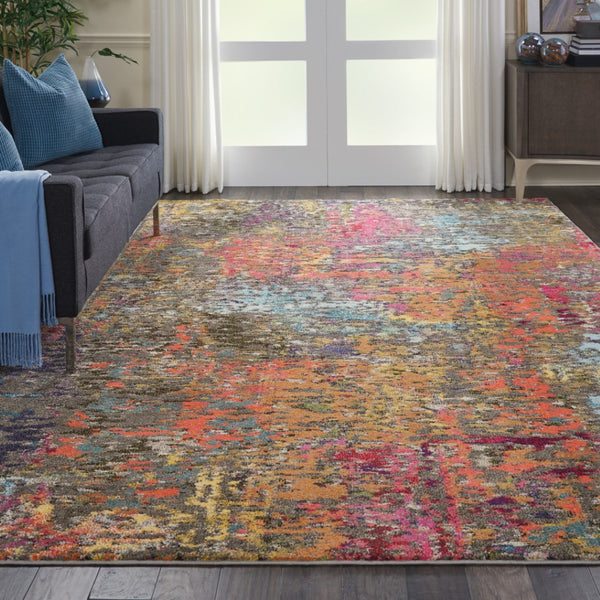 HomeRoots 8' X 11' Blue and Orange Abstract Area Rug - Durable, Non-Skid, Stain-Resistant, Modern Design for Homes 551249