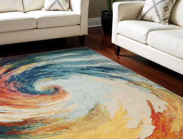HomeRoots 8' X 11' Abstract Area Rug in Vibrant Blue, Red & Orange - Durable, Non-Skid, and Low-Maintenance! 551251