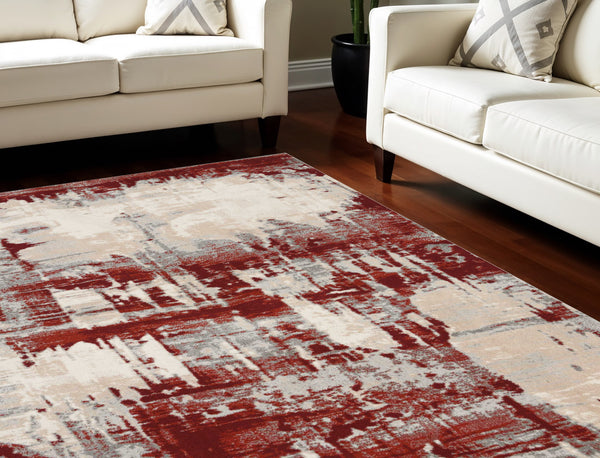 Homeroots 8' X 11' Ivory Red And Gray Abstract Non Skid Area Rug  Polyester 551253