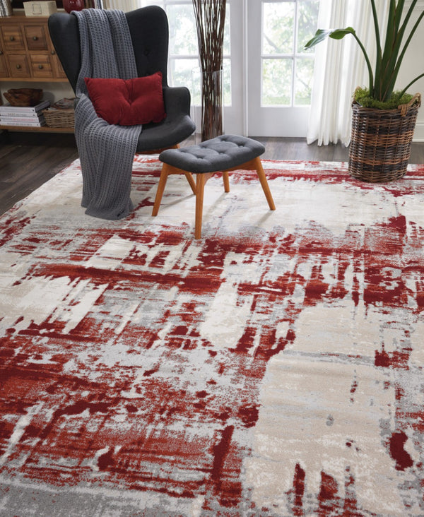 HomeRoots 5' Modern Abstract Ivory Red and Gray Area Rug with Non-Skid Backing for High-Traffic Spaces 8' X 11' 551253