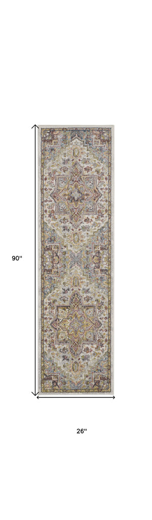Homeroots 8' Ivory Green And Gray Floral Runner Rug  Polypropylene 551258