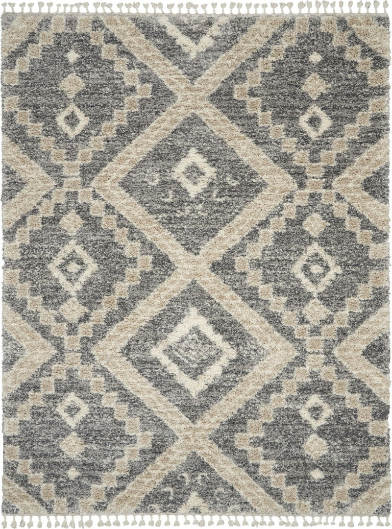 HomeRoots 8 Foot by 11 Gray Geometric Shag Rug Plush Polypropylene Living Room Accent 551278
