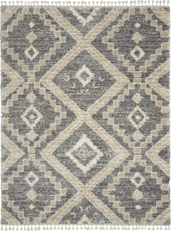 HomeRoots 8 Foot by 11 Gray Geometric Shag Rug Plush Polypropylene Living Room Accent 551278