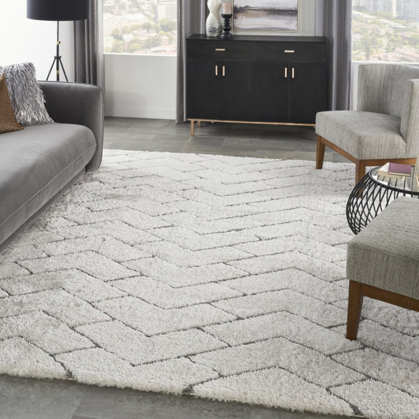 HomeRoots 5' Modern Ivory and Gray Chevron Shag Area Rug for Cozy Homes | Plush, Stylish, Stain-Resistant Design 8' X 10' 551280