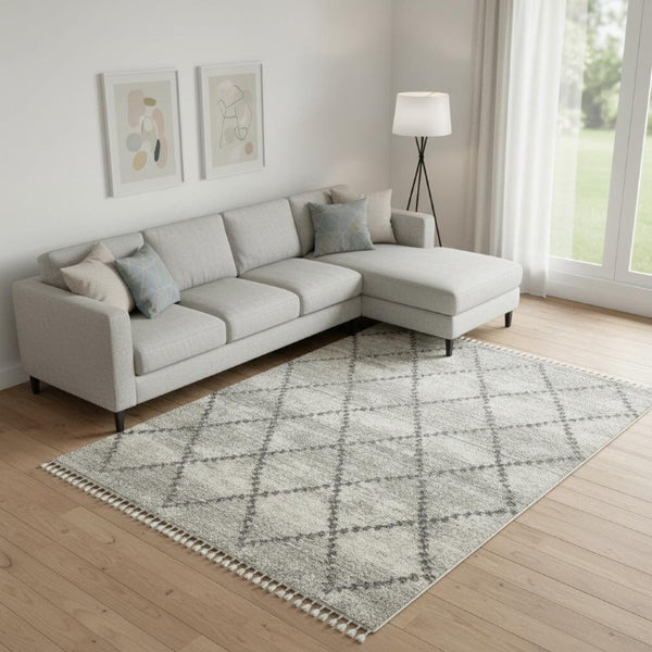 8 Ft X 11 Ft Ivory Gray Geometric High Pile Shag Rug for Living Rooms