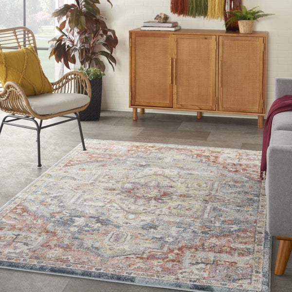 HomeRoots 4' Blue and Red Floral Distressed Area Rug - Vintage Charm, Stain-Resistant, Perfect for High Traffic Spaces 5' X 7' 551287