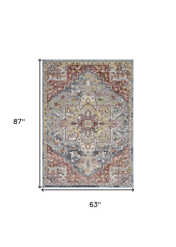 Homeroots 5' X 7' Blue And Red Floral Distressed Area Rug  Polypropylene 551287