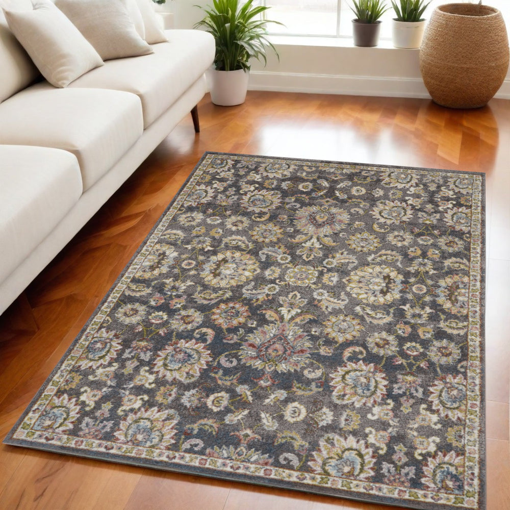 Homeroots 5' X 7' Charcoal Brown And Yellow Floral Distressed Area Rug  Polypropylene 551288