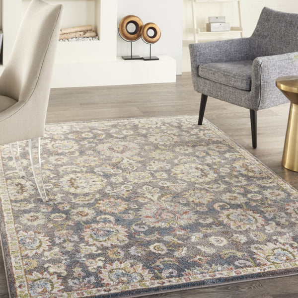 HomeRoots 5' Vintage-Inspired Charcoal Brown and Yellow Floral Distressed Area Rug for Modern Homes and Spaces 5' X 7' 551288
