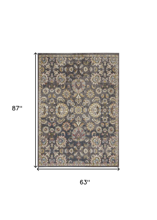 Homeroots 5' X 7' Charcoal Brown And Yellow Floral Distressed Area Rug  Polypropylene 551288