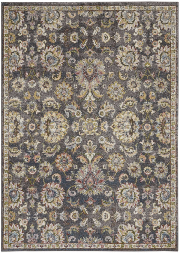 HomeRoots 5' Vintage-Inspired Charcoal Brown and Yellow Floral Distressed Area Rug for Modern Homes and Spaces 5' X 7' 551288