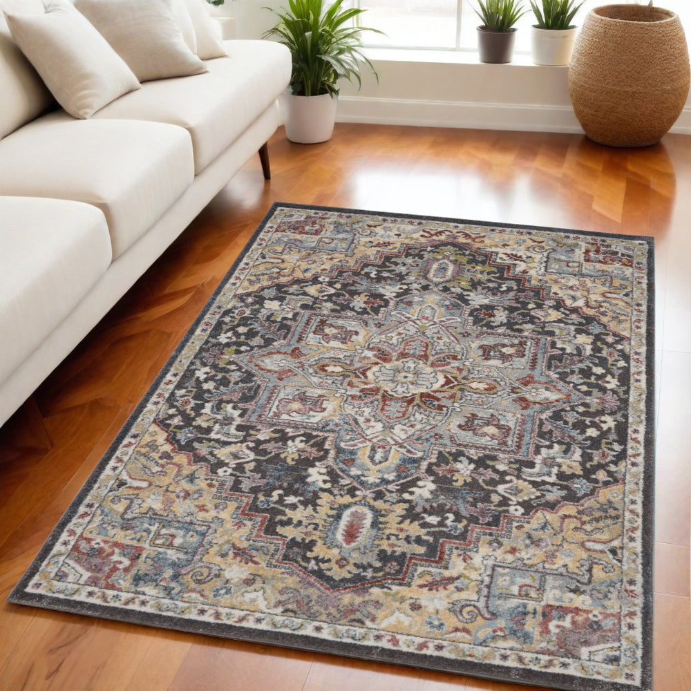 Homeroots 5' X 7' Charcoal Brown And Yellow Floral Medallion Distressed Area Rug  Polypropylene 551289