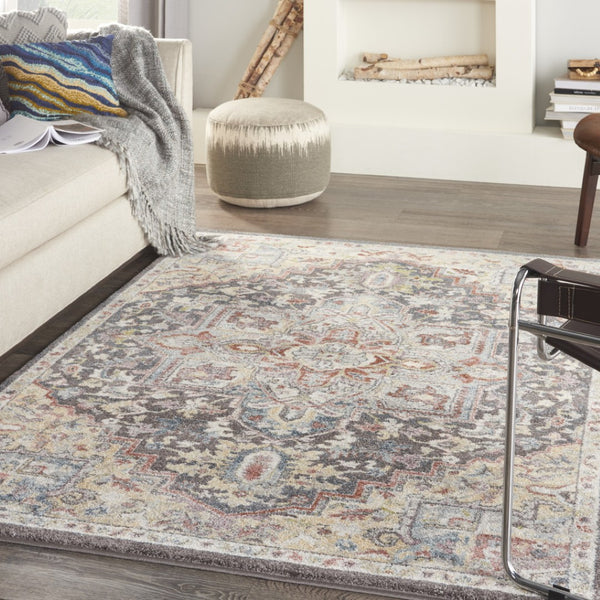 HomeRoots 5' Charcoal Brown and Golden Yellow Floral Medallion Area Rug - Durable, Stain-Resistant Design 5' X 7' 551289
