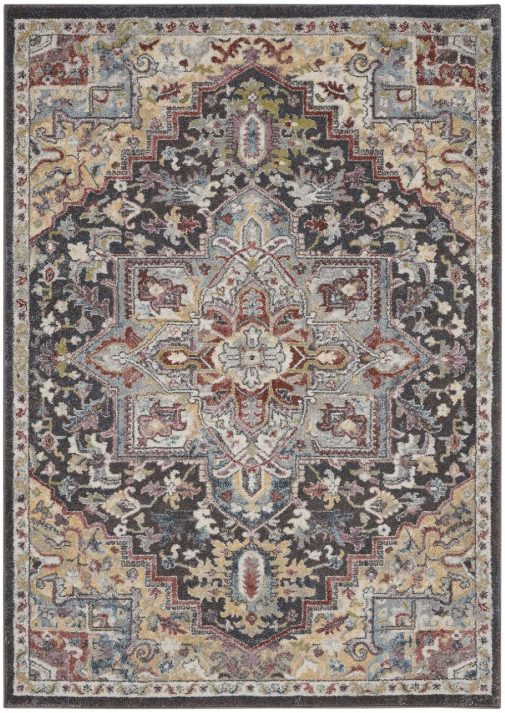 HomeRoots 5' Charcoal Brown and Golden Yellow Floral Medallion Area Rug - Durable, Stain-Resistant Design 5' X 7' 551289