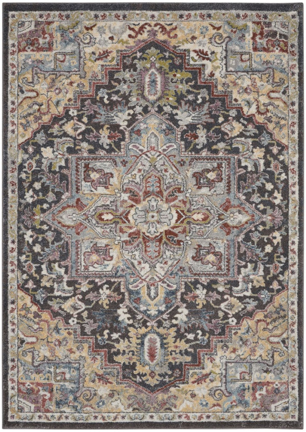 HomeRoots 5' Charcoal Brown and Golden Yellow Floral Medallion Area Rug - Durable, Stain-Resistant Design 5' X 7' 551289