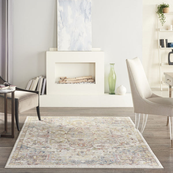 HomeRoots 5' Ivory Green and Gray Floral Medallion Area Rug - Timeless Elegance for Effortless Living Spaces 5' X 7' 551290