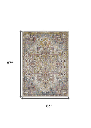 Homeroots 5' X 7' Ivory Green And Gray Floral Medallion Area Rug  Polypropylene 551290