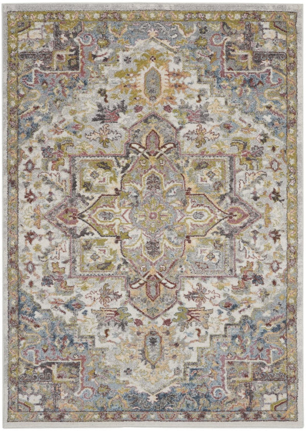 HomeRoots 5' Ivory Green and Gray Floral Medallion Area Rug - Timeless Elegance for Effortless Living Spaces 5' X 7' 551290