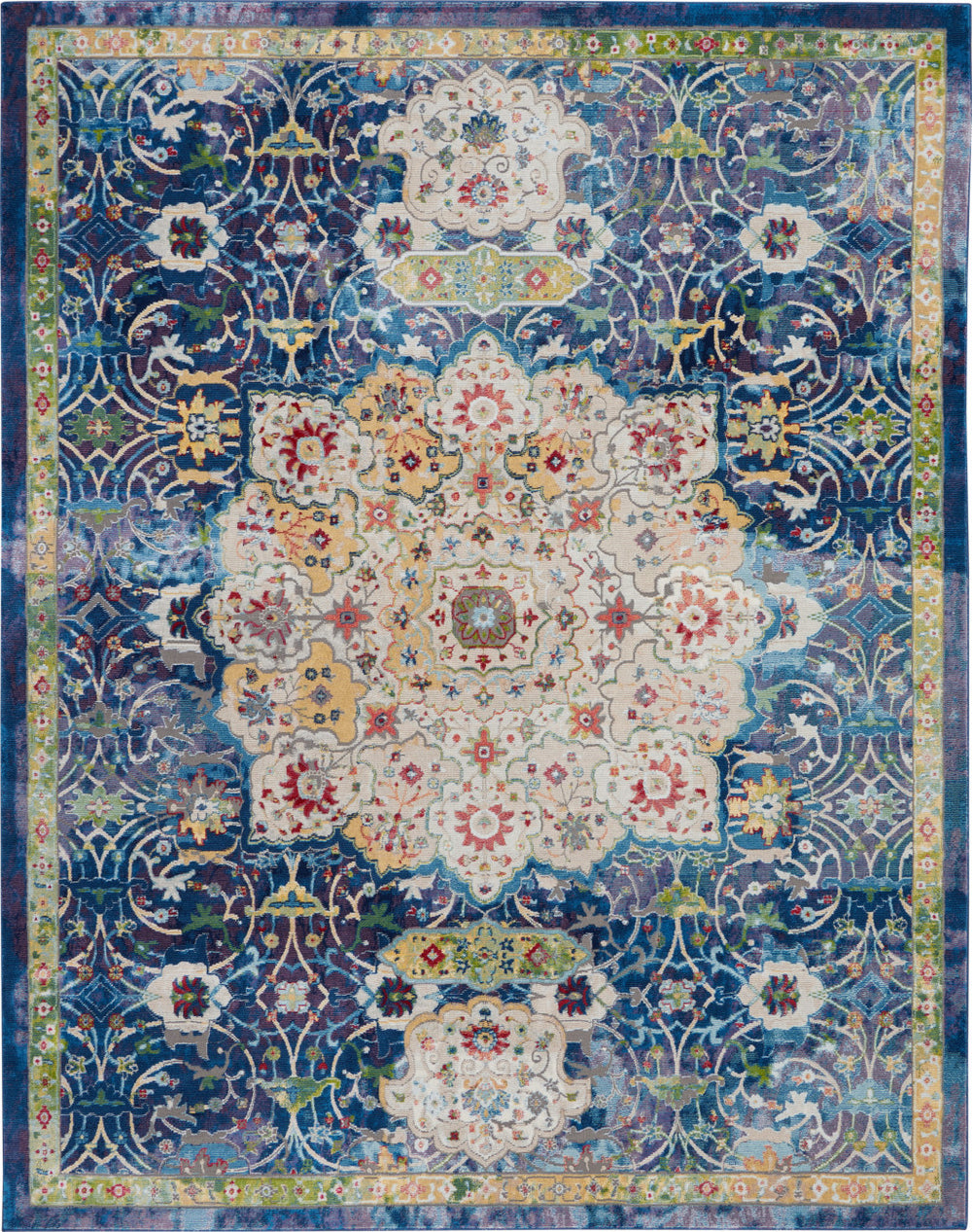 Homeroots 8' X 10' Ivory Blue And Green Floral Medallion Distressed Non Skid Area Rug  Polypropylene,Polyester 551293