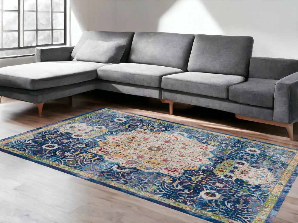 Homeroots 8' X 10' Ivory Blue And Green Floral Medallion Distressed Non Skid Area Rug  Polypropylene,Polyester 551293