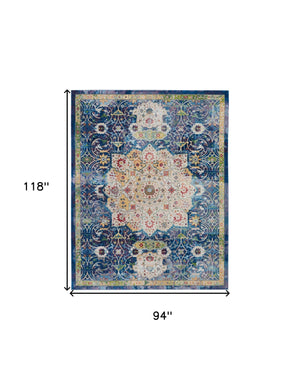 Homeroots 8' X 10' Ivory Blue And Green Floral Medallion Distressed Non Skid Area Rug  Polypropylene,Polyester 551293
