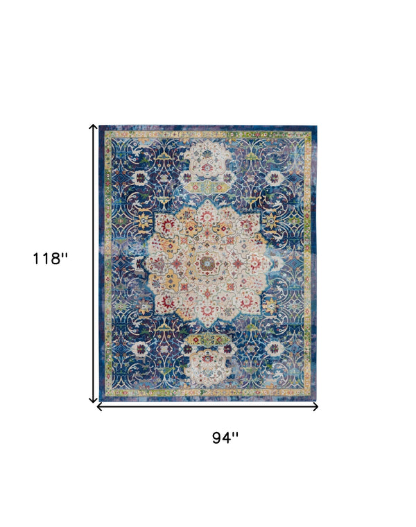 Homeroots 8' X 10' Ivory Blue And Green Floral Medallion Distressed Non Skid Area Rug  Polypropylene,Polyester 551293
