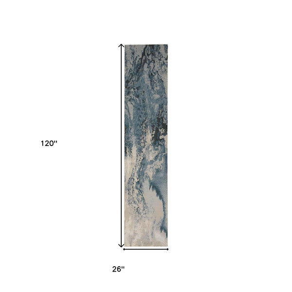 Homeroots 10' Ivory Teal Blue And Black Abstract Non Skid Runner Rug  Polyester 551298