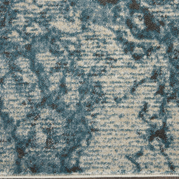 Homeroots 10' Ivory Teal Blue And Black Abstract Non Skid Runner Rug  Polyester 551298