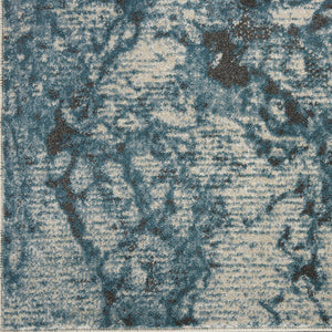 Homeroots 10' Ivory Teal Blue And Black Abstract Non Skid Runner Rug  Polyester 551298