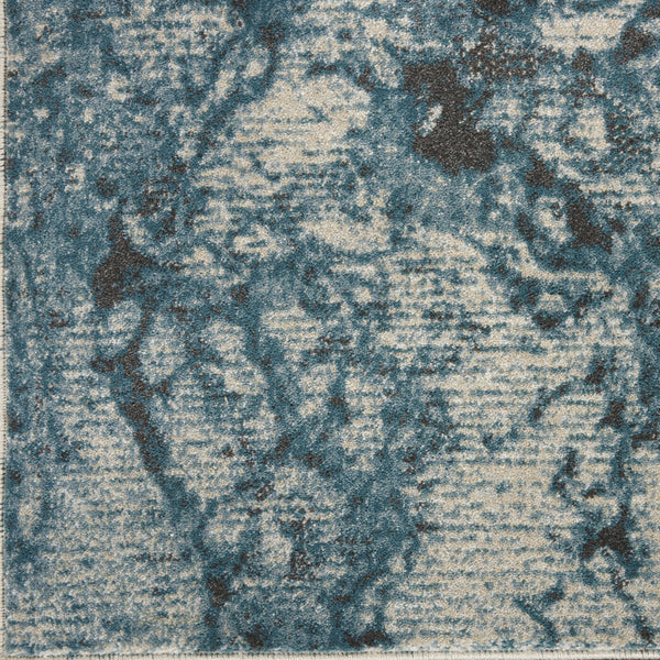 Homeroots 10' Ivory Teal Blue And Black Abstract Non Skid Runner Rug  Polyester 551298