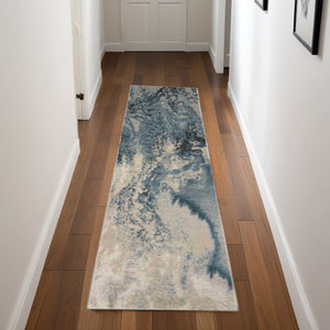 Homeroots 10' Ivory Teal Blue And Black Abstract Non Skid Runner Rug  Polyester 551298