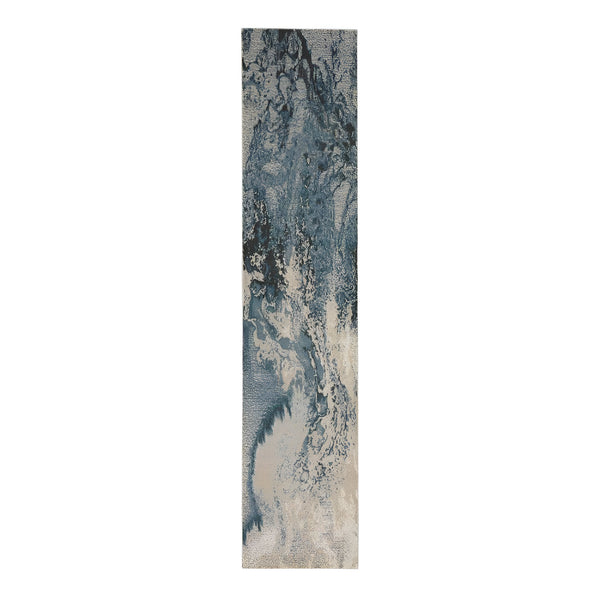 Homeroots 12' Ivory Teal Blue And Black Abstract Non Skid Runner Rug  Polyester 551299