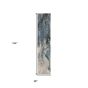 Homeroots 12' Ivory Teal Blue And Black Abstract Non Skid Runner Rug  Polyester 551299