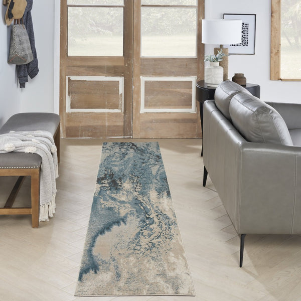 HomeRoots 5' Teal and Ivory Abstract Round Rug – Stylish, Stain-Resistant, Non-Skid Design for Any Room! 12' Runner 551299
